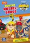 "Bunter Rätselspaß" oben, "Labyrinthe, Suchbilder, Rätsel und vieles mehr!" unten. Zwei Hunde in Bauarbeiterkleidung., Buch