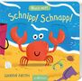"Buchcover mit 'Mach mit! Schnipp! Schnapp!'. Illustration: Fröhlicher roter Krebs am Strand mit Eimer und Schaufel.", Buch