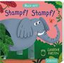 "Buchcover mit Text: 'Mach mit! Stampf! Stampf!' Ein fröhlicher Elefant in üppiger Natur, beobachtet einen Schmetterling.", Buch
