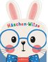 „Häschen-Witze“ in bunten Buchstaben. Illustration eines Hasenkopfes mit blauer Brille und Fliege.