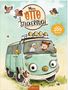 Illustration: „Mein OTTO Stickerbuch“ und „über 200 Sticker“. Ein blauer Bus mit Figuren, Tiere herumfliegen., Buch