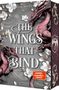 „The Wings That Bind“. Zwei rosafarbene Drachen vor grauem Hintergrund mit weißen Blumen und goldenen Akzenten., Buch