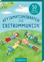 Text: "Affirmationskarten zur Erstkommunion", "50 Karten für dich". Illustration: Vier Kinder auf grüner Wiese mit Taube.