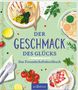 „Der Geschmack des Glücks – Das Freundschaftskochbuch“. Illustration von Speisen, Besteck, Kräutern und Früchten., Buch