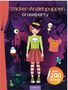"Sticker-Anziehpuppen Gruselparty", Illustration einer Hexe mit Kürbis, grünem Zaubertrank, süßem Geist und Halloween-Thema.