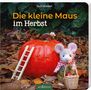 "Die kleine Maus im Herbst" von Outi Kaden. Eine Maus mit Schal steht neben einem Kürbis, Blätter und Korb mit Äpfeln umgeben., Buch