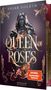 "QUEEN OF ROSES", "SPIEGEL Bestseller-Autorin". Eine glänzende Ritterin mit flammenden Rosen, reich verziertem Rahmen.