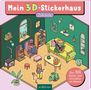 "Mein 3D-Stickerhaus", "Zuhause", "Über 300 Sticker zum Einrichten von Räumen." Illustration einer gemütlichen Wohnung mit Katzen., Buch