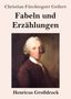 „Fabeln und Erzählungen“ von Christian Fürchtegott Gellert. Darunter ein Porträt eines eleganten Mannes in dunkler Kleidung.