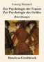 "Georg Simmel: Zur Psychologie der Frauen, des Geldes. Zwei Essays. Henricus Großdruck." Illustration: Drei Personen in Farben., Buch