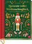 "Momente voller Weihnachtsglück" und "24 Geschichten und Rezepte zur Weihnachtszeit" in goldener Schrift auf grünem Hintergrund., Buch