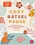 „Spiegel Bestseller-Autor“, „Cozy Rätsel Pause“, „Bunter Rätselmix zum Abschalten...“. Illustrationen: Katze, Tasse, Blumen., Buch