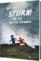 Text: "Mit dem Sturm um die Wette rennen". Zwei Kinder rennen am Strand, umgeben von Wasser und Sturm.