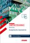 Text: "NEUES ABITUR ABITUR-TRAINING Mathematik Analytische Geometrie. Mit 40 Lernvideos zur Veranschaulichung der Musteraufgaben." 

Beschreibung: Ein grünes Gebäude mit vielen Fenstern und spitzen Giebeln.