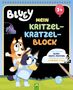 Text: "BLUEY, Mein Kritzel-Kratzel-Block, 3+, mit tollen Bluey-Kratz-Motiven, Ausmalbildern & Bambus-Stick." 

Illustration zeigt zwei fröhliche Hunde auf einer Wiese.
