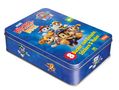 "Meine Bücher-Dose", "8 Bücher zum Rätseln, Stickern & Malen", Paw Patrol Illustrationen auf einer blauen Metalldose.