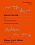 "Vienna Classics Vol. 1", "UT 50455", "Vienna Classics", "Band 1", "Ausgewählte Werke für Klavier", "Haydn, Mozart, Beethoven, Schubert", "Wiener Urtext Edition", "Schott/Universal Edition". Cover in Orange mit Unterschriften von Komponisten., Noten