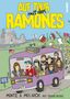 „Auf Tour mit den Ramones“. Illustration zeigt eine Band in einem lila Tourbus. Hintergrund: Stadt und umherfliegende Instrumente., Buch