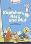 „Köpfchen, Herz und Mut“ von Astrid Ulm. Kind und Katze schauen aus dem Fenster, Astronaut auf Mond., Buch