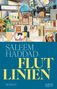 Text: "SALEEM HADDAD FLUTLINIEN ROMAN ALBINO". Illustration einer Stadt mit bunten Gebäuden und einer blauen Kuppel.