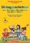 Dialoggeschichten über Demokratie und Mitbestimmung. Vier Kinder auf einer Bank unterhalten sich lebhaft.