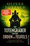 „Der Totengräber und der Orden des Teufels.“ Silhouette einer sitzenden, vermummten Gestalt auf gelbem Hintergrund., Buch
