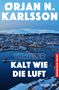 Text: "ØRJAN N. KARLSSON, THRILLER, KALT WIE DIE LUFT, NORWEGEN-KRIMI." Eine schneebedeckte Stadt und ein Fjord bei Dämmerung., Buch