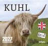 „KUHL“, „2027 WOCHENKALENDER“, „in perfect Ochsford English“. Ein Hochlandrind auf einer grünen Wiese., Kalender