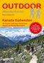 OUTDOOR Wanderführer Kanada, 30 Touren mit GPS-Tracks. Berglandschaft mit Wanderern, blauer Himmel, grüne Wälder.
