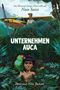 „Unternehmen Auca“, oben ein Flugzeug, ein Mann, unten ein Junge mit Papagei im Dschungel. Gemälde-Stil., Buch