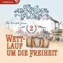 Text: "HÖRBUCH", "DER ABENTEUER FLUSS", "WETTLAUF UM DIE FREIHEIT", "2", "Lois Walfrid Johnson". 

Szene: Dampfschiffe, Koffer.

, MP3-CD