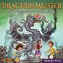 "Drachenmeister", "Der Fluch des Schattendrachen", Logo "audiorino". Drei Kinder rennen vor einem grauen Drachen davon.