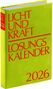 „Licht und Kraft Losungskalender 2026“ in Rot auf grünem Hintergrund; gebundenes Buch.
