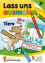 "Lass uns ausmalen", "Tiere", "Der Elefant hat heute Spaß...". Hund, Vogel, Elefant in Zeichnungen, Buntstifte, Logo unten links., Buch