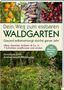 "Dein Weg zum essbaren Waldgarten" in grüner Schrift. Bild mit Obst, Pilzen, Beeren, und üppigem Garten voller Blumen., Buch