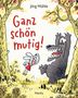 Text: „Ganz schön mutig!“ Ein Hase schreit ein großes, erschrockenes Wesen an. Bunte Bäume umgeben die Szene. Illustrativ.