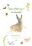 "Geburtstagskalender" in grüner Schrift; Illustration eines Hasen mit Blume im Maul, umgeben von Insekten und Pflanzen.