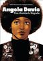 Titel: "Angela Davis - Eine illustrierte Biografie". Illustration einer Frau mit Afro, Weste mit Abzeichen und Aufklebern., Buch