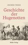 "Geschichte der Hugenotten" von Jochen Thies. Illustration historischer Figuren, Menschen auf Pferden mit Körben und Hüten. BeBra Verlag., Buch