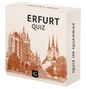 "ERFURT QUIZ" und "QUIZ IM QUADRAT" auf einer beige-farbenen Box mit Illustration von Kirchen mit mehreren Türmen.