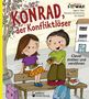 „Konrad, der Konfliktlöser“ Band 7. „Clever streiten und versöhnen“. Illustration: Zwei Kinder auf einer Bank vor einer Schule., Buch