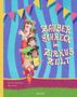 „ZAUBER SCHRECK im ZIRKUS ZELT“ in auffälligen Buchstaben. Vier fröhliche Kinder schauen aus einem Zirkuszelt., Buch