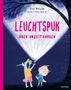 "LEUCHTSPUK ÜBER URZEITHAUSEN" steht in großen, pinken Buchstaben. Ein Einhorn und ein Dinosaurier leuchten mit Taschenlampen., Buch