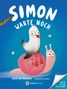 „SIMON WARTE NOCH“. Eine Möwe sitzt auf einer Schnecke, zwei kleine Vögel fliegen daneben. Ein Logo unten., Buch