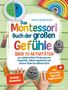 Text: „Das Montessori Buch der großen Gefühle - Über 70 Aktivitäten. Mit wertvollen Tipps und Begleitvideos.“  
Bunte Objekte: Ein Regenbogen, verzierte Steine, ein geteilter Pappteller mit Gesicht.