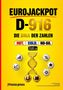 "EUROJACKPOT D-916. DIE DNA DER ZAHLEN. HOT. COLD. NO-GO." Goldene DNA-Spirale, Symbole wie Hufeisen, Kleeblatt., Buch