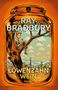 "Ray Bradbury, Löwenzahnwein, Roman" in einem großen Glasbehälter mit Jungen auf einem Baum, Dorf im Hintergrund., Buch