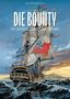 „Die Bounty“, „1789“, „Die großen Legenden der Seefahrt“. Ein Segelschiff auf stürmischem Meer, Flaggen im Wind.