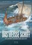 „DAS WEISSE SCHIFF: DIE GROSSEN LEGENDEN DER SEEFHART“. Illustration eines Wikinger-Schiffes auf stürmischer See., Buch