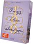 „100 Things I love about you“ von Jella Benks steht auf einem Buch mit violettem Cover und goldenen Akzenten.